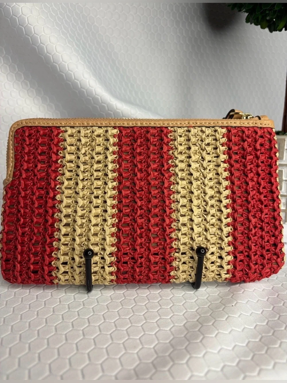 Coach Large Woven Straw and Leather Wristlet and Fashion Keychain NWT